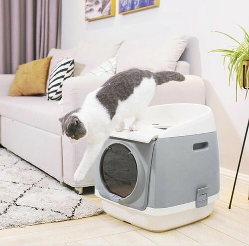 猫トイレ お掃除簡単 飛び散りにくい キャットトイレ 散らかりにくいネコトイレ 本体 猫 トイレ フルカバー 大型猫 スコップ付き シンプル ペットトイレ おしゃれ 猫用品 49.2*54.9*45.