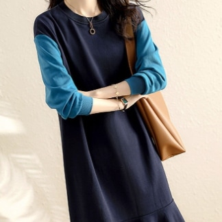 バイカラーワンピース ワンピース 長袖 ラウンドネック フレア セミフレア かわいい 大人可愛い