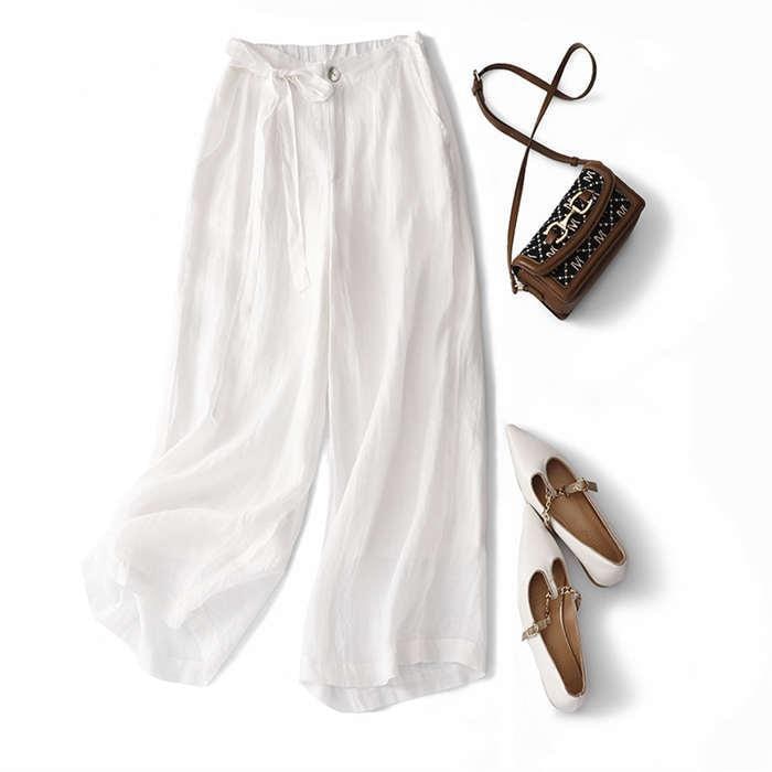 ワイドパンツ レディース パンツ ボトムス フレアパンツ ガウチョ 夏 九分丈 ロングパンツ 麻 リネン 裏地 カジュアル ウェストゴム 麻パンツ