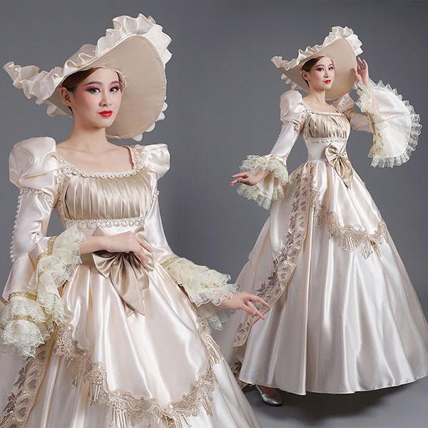 迅速な出荷 ロングドレス 貴族ドレス お姫様ドレス ドレス 中世ヨーロッパ 袖あり パフスリーブ 長袖 レース スクエアネック 豪華 ゴージャス 華やか