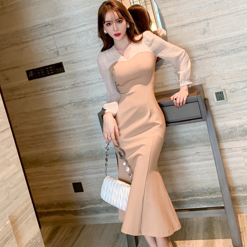レディース マーメイドワンピース 結婚式 パーティードレス ワンピース ロング ワンピース 異素材切替 タイトワンピース タイト ミモレ丈 ロングドレス 大人可愛い ママコーデ ママファッション 韓国