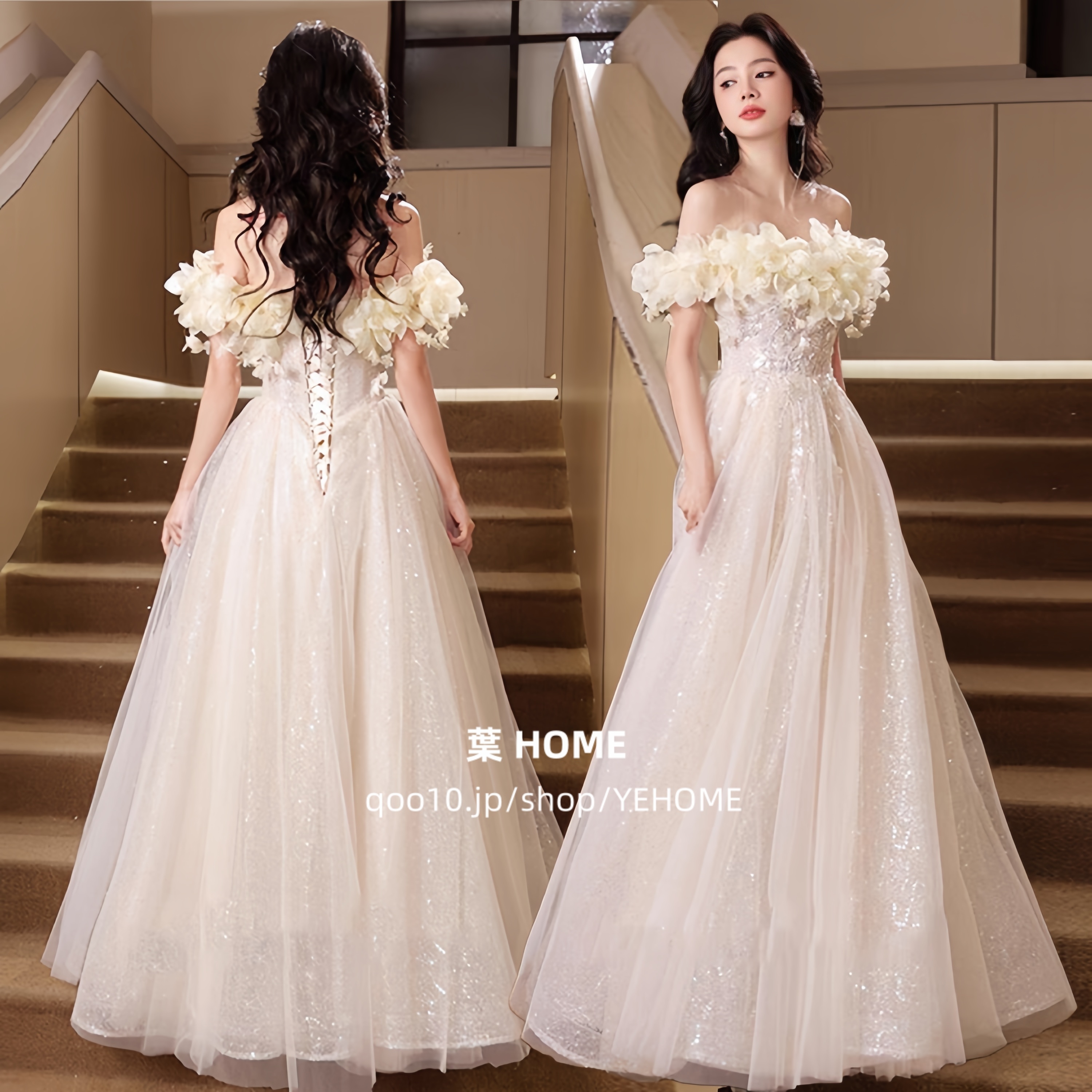 パーティードレス 二次会用 ウェディングドレス ミディアム丈 Aラインワンピース 演奏会 エレガンス ロングドレス 成人式 姫系 発表会/撮影用/お嫁さん/披露宴/花嫁 たくさんの花が咲き ボ