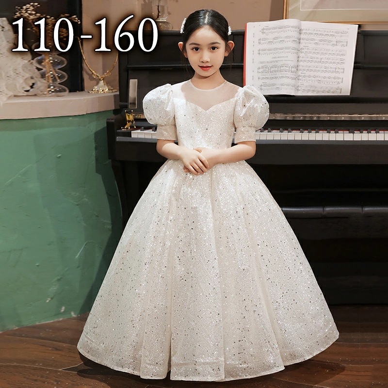 女の子 ワンピース ドレス 子供 キラキラドレス ホワイト 半袖 ウェストリボン スパンコール付き フォーマル ピアノ 発表会 パーティードレス フォーマルドレス ロングドレス チュール 結婚式 パー