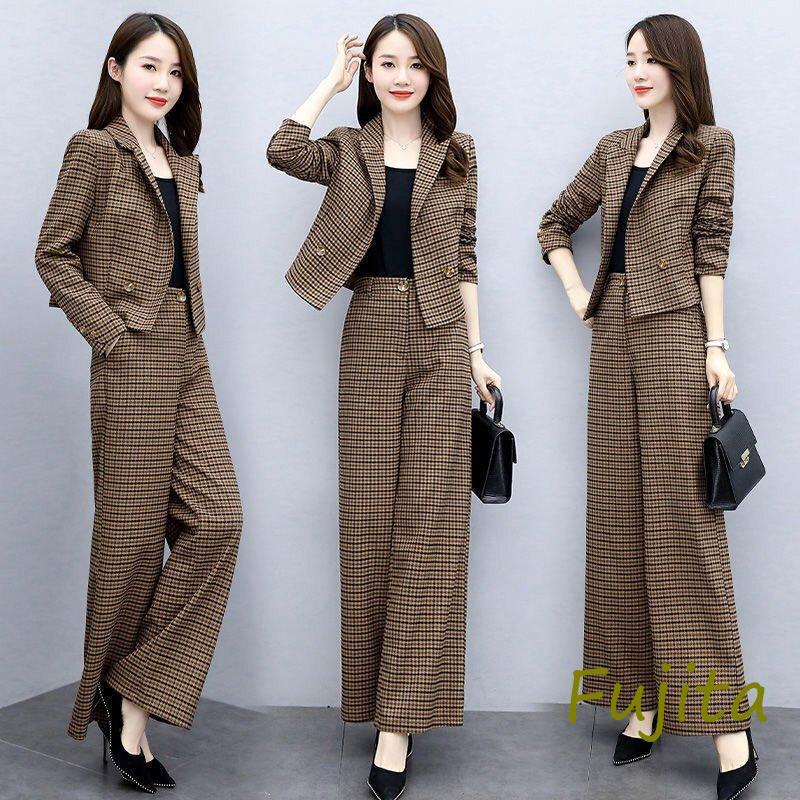 秋の特典セットアップ レディース 40代 春 秋 長袖 スーツ チェック柄 ワイドパンツ 2点セット 通勤 フォーマル カジュアル オシャレ 上品 大きいサイズ