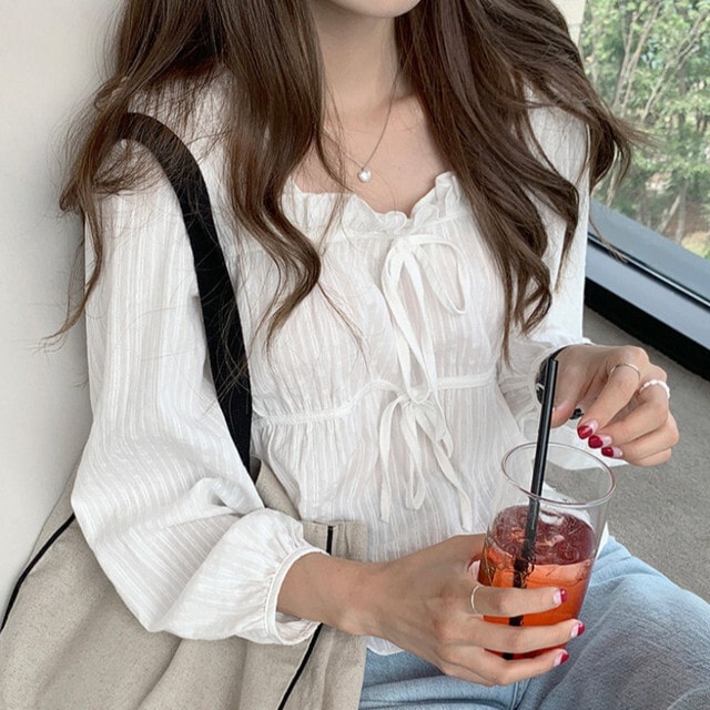 【送料無料】レディース スクエアネック バブル長袖ブラウス ダブルリボン 韓国