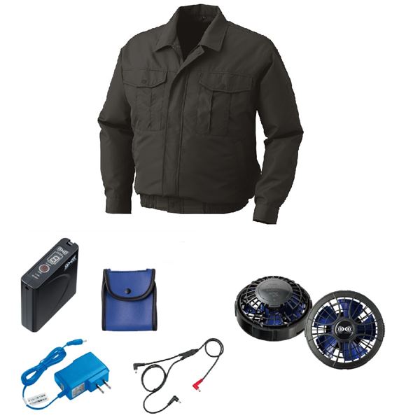 ポリエステル製長袖 空調服 [ファン色：BKBL チャコール 2L] パワーファン対応バッテリー付
