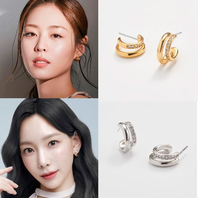 [テヨン/ウィンター/TWICEジヒョ&ジョンヨン/パクミニョンアイエム着用]ツーライン キュービック イヤリング