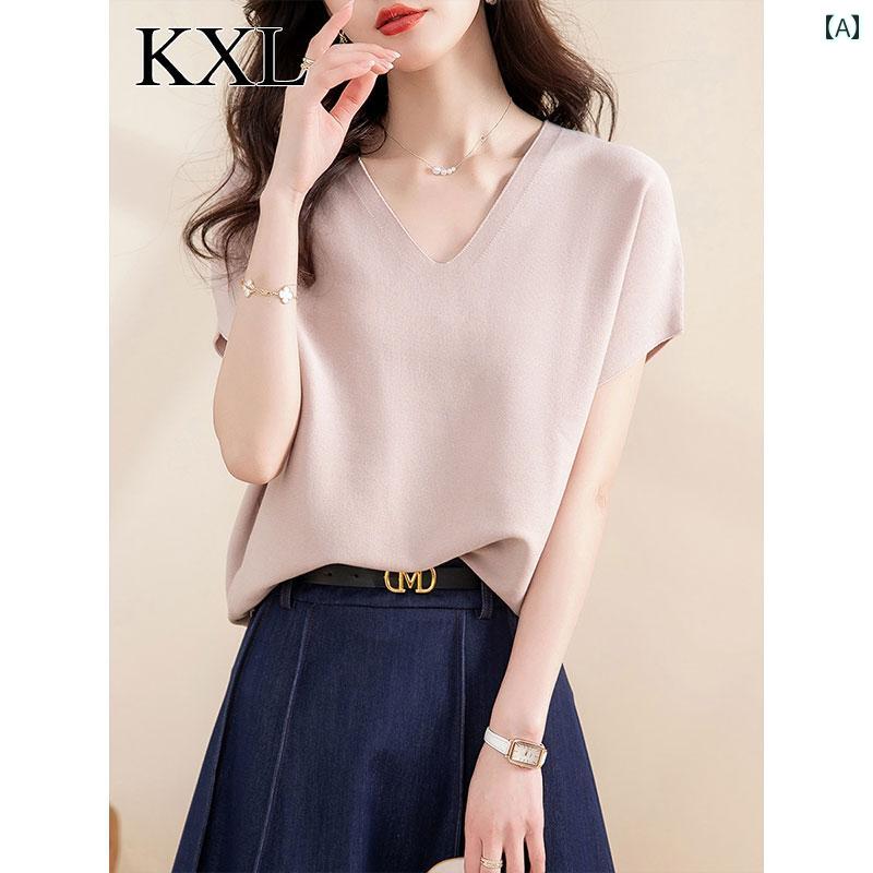 トップス レディース おしゃれ 上品 通勤 オフィス カジュアル 薄手 涼しい 涼しい ひんやり 快適 ニット 夏 体型カバー Vネック 半袖 Tシャツ