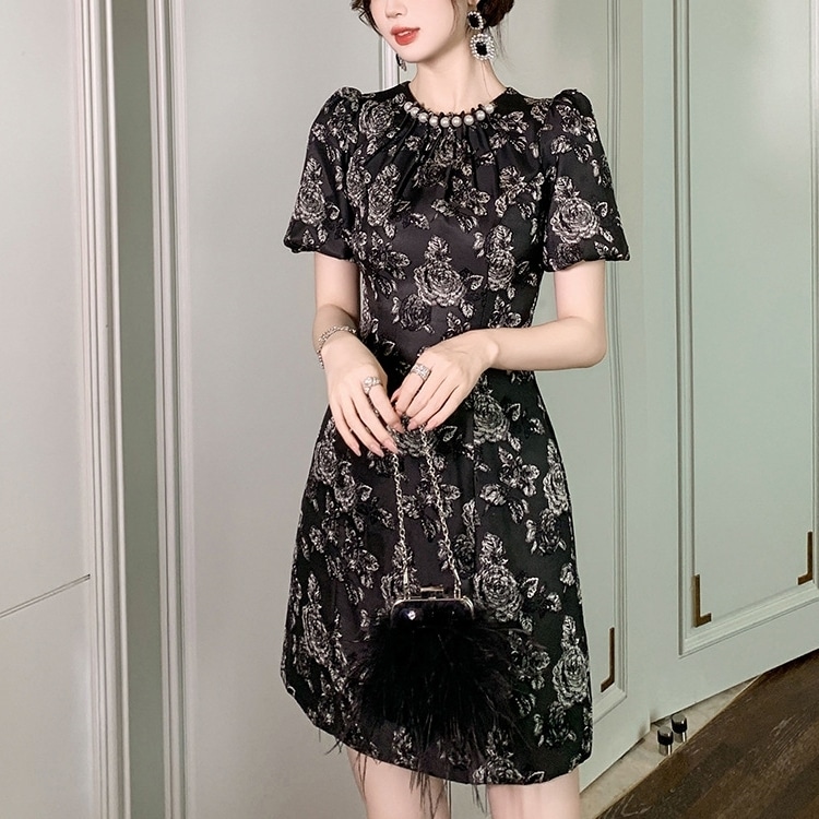 ドレス 衣装 カクテルドレス ミニ丈ドレス 半袖 パフスリーブ クルーネック フェイクパール Aライン バックファスナー ハイウエスト ステージドレス 発表会 かわいい 大人可愛い きれいめ