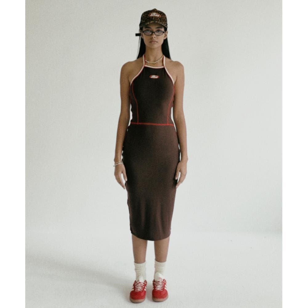 BADBLOOD Oval Logo Halter Neck Midi Dress Chocolate w-dr