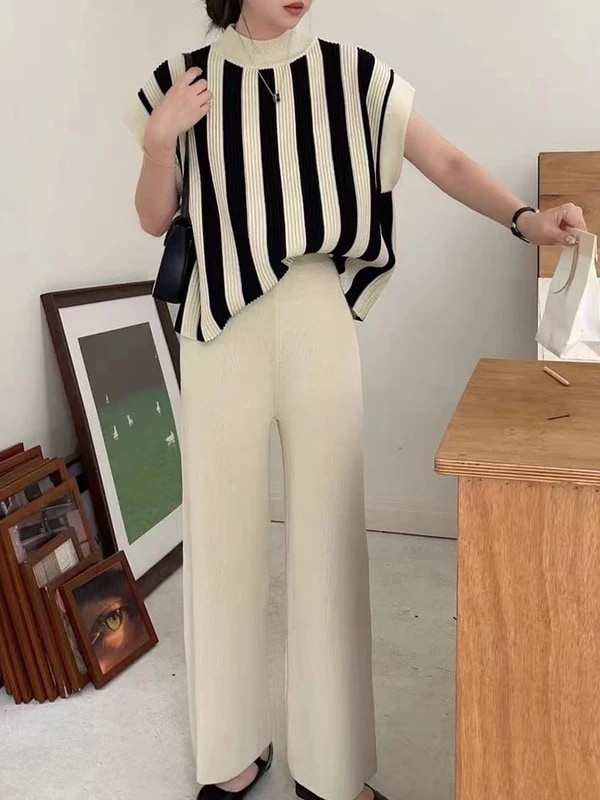 納期1~3週間程：女性のカジュアルなストライプのセーターとパンツセット,ニットセーター,半袖,エレガントなトップス,伸縮性のあるトラックスーツ,秋冬
