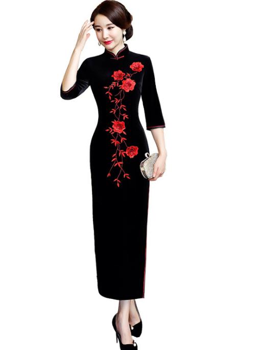 二点2018年秋冬用ロング丈チャイナドレス ベルベット素材ママドレス 刺繍バラ 30代40代50代60代上質チャイナワンピース 五分袖中国風フォマールドレス パーティードレス 中華古代漢服民族伝統衣装