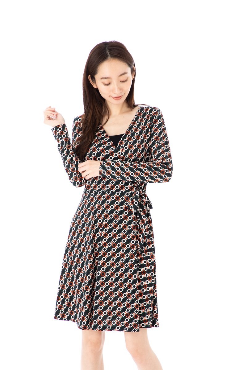 ファス(FAS)ワンピース T2 T3 T4サイズ 長袖 ひざ丈 総柄 カシュクール 大人上品ワンピース レディース Fille A Suivre