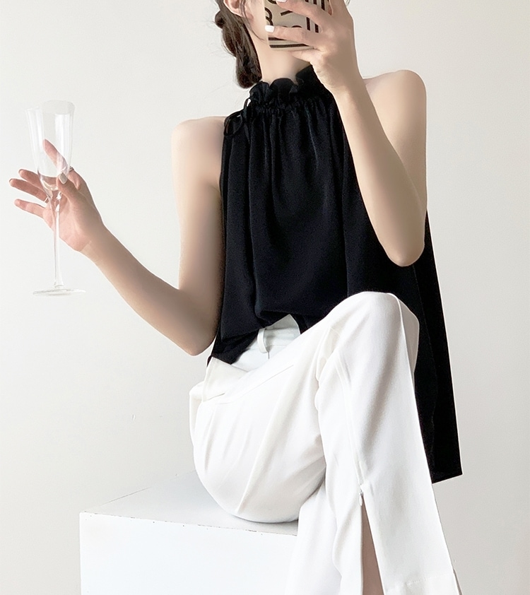 トップス シャツ ノースリーブ ハイネック フリル シフォン プルオーバー ミディアム丈 可愛い かわいい 大人可愛い きれいめ シンプル 上品 おしゃれ かっこいい カジュアル こなれ感 個性的