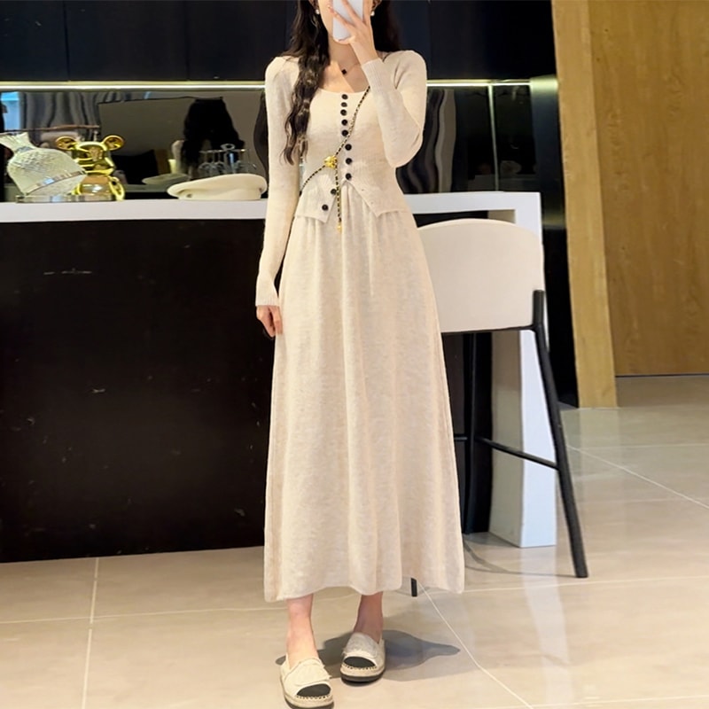 女性用ニットセータードレス秋冬コートボトムススリムフィットロングスカートスーツH64