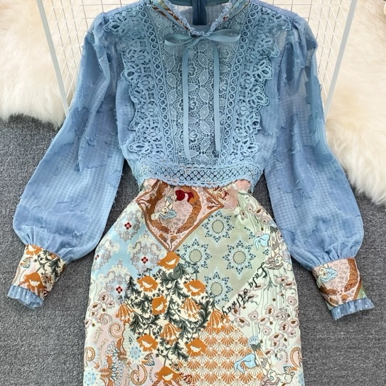 レディース ワンピース ミディアム丈ワンピース ミディアム丈 長袖 刺繡 レース リボン ウエストマーク 切り替えデザイン タイトスカート かわいい 大人可愛い きれいめ シンプル 上品