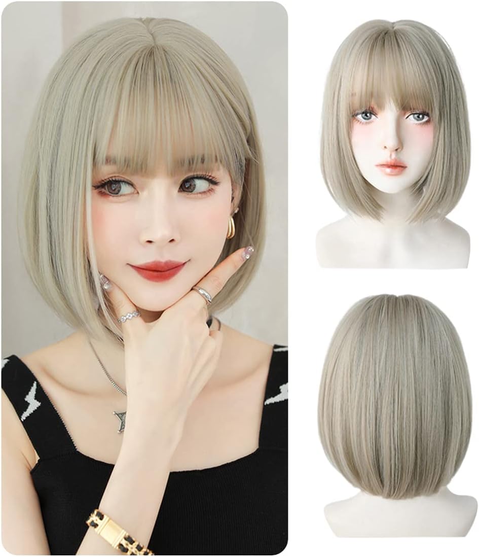 ショートボブウィッグ ストレート ぱっつん前髪 耐熱 ベージュゴールド
