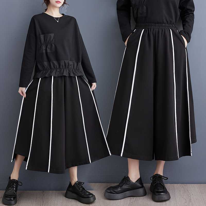 スラックスパンツ2025春夏新型ワイドパンツウエストゴムパンツ九分パンツキュロットスカート
