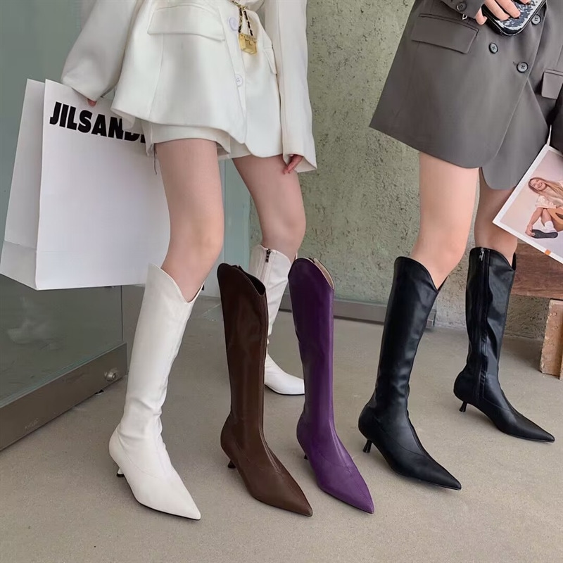 小さなハイヒールvネックスリム女性用スリムブーツ用のつま先のブーツがスリムブーツのためのスリムブーツがありますが膝の長いブーツ