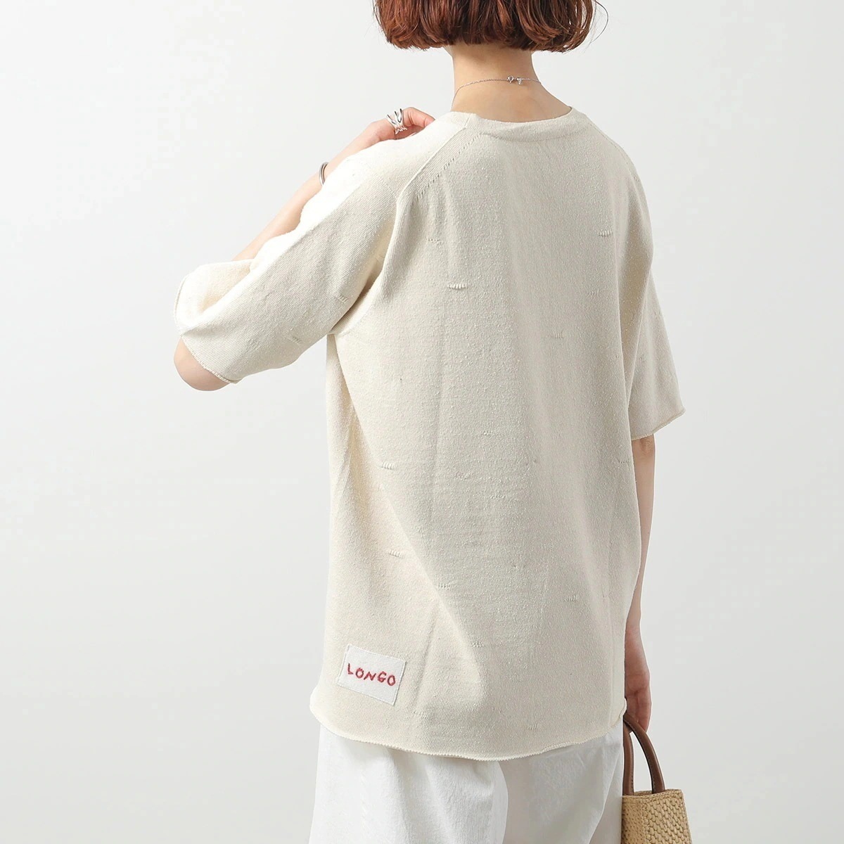 LONGO ロンゴ ニット S022222L レディース 5分袖 セーター サマーニット クルーネック イタリア製 刺繍ロゴ コットンブレンド オーバーサイズ RAW