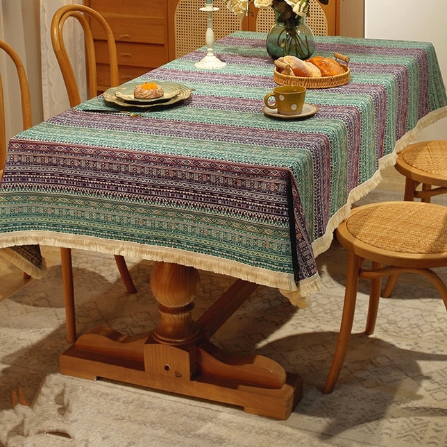 テーブルクロス 長方形 布 おしゃれ リネン アジアン 大判 厚手 幾何学 高級感 ストライプ カラフル ジャガード織 フリンジ