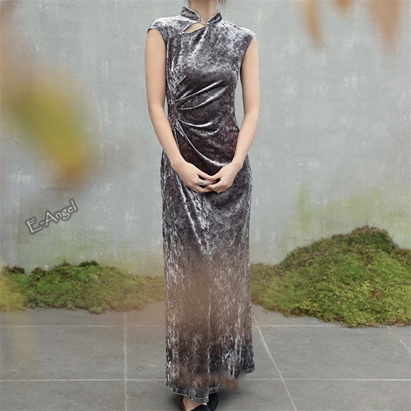 【快速出荷】ノースリーブワンピース 無地 チャイナドレス シルバーグレー 袖なし ベロア ワンピース 伸縮性 ベルベットワンピース ロング レトロ スタンドカラー