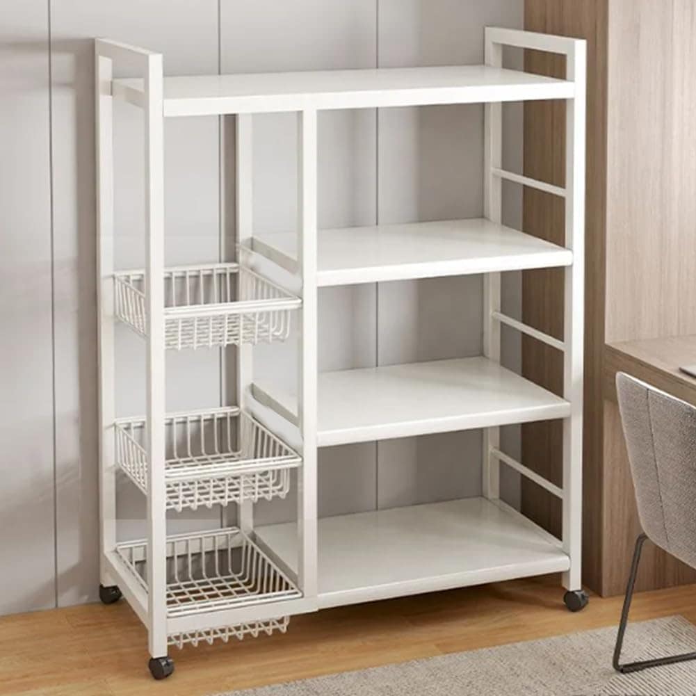 スチールラック 棚 キャスター付き キッチンラック サイズ：108x92x32cm キッチン収納 食器棚 収納棚 レンジ台 電子レンジ台 3つのワイヤーバスケットが付いている調節可能な4段の台所棚