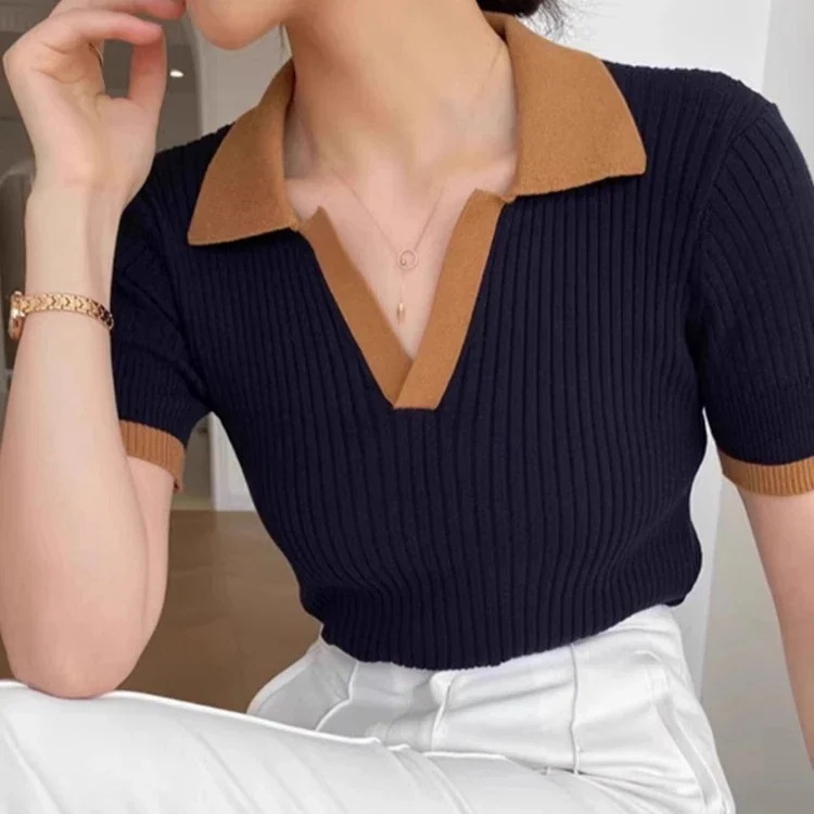 【20点セット】【無料】ニット 半袖 ポロシャツ サマーニット レディース 大人 配色 Vネック 万能流行感 半袖ニット 薄手 通勤 オフィス 春夏 スリム フィット