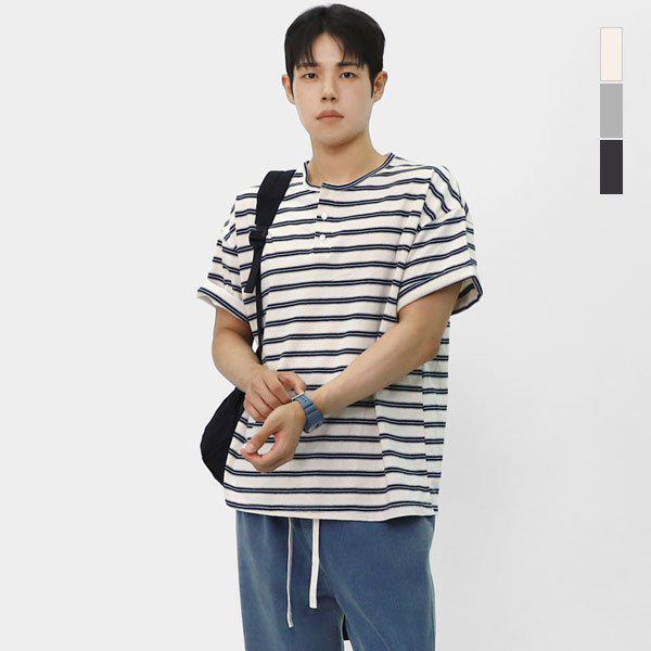 メンズマリンヘンリーネックオーバーフィットストライプ半袖Tシャツ SLC004