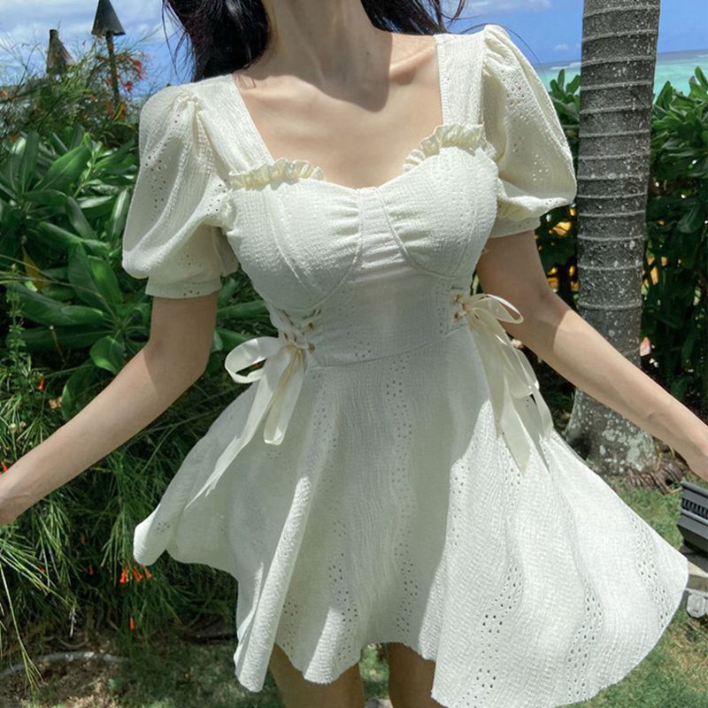 【1つ買うと10つ無料】真っ白な気質の女神かわいい甘い短袖の保守的なスカートワンピース水着女性