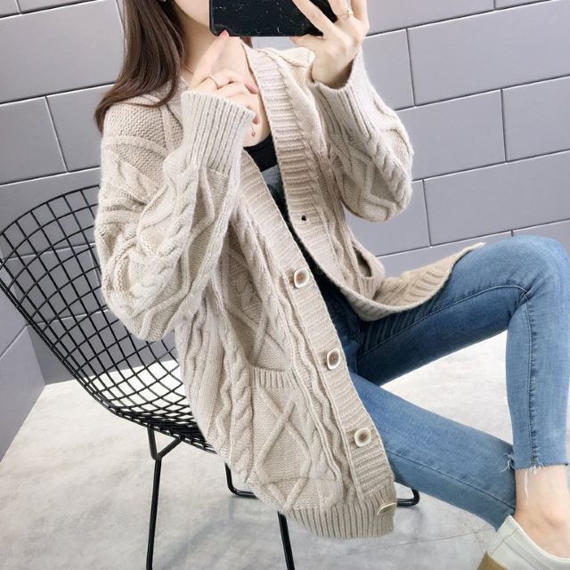 ケーブル ニットカーディガン レディース ロング 大きいサイズ ざっくりトップス Vネック ポケット セーター 長袖 羽織 ベージュ 青 秋 冬