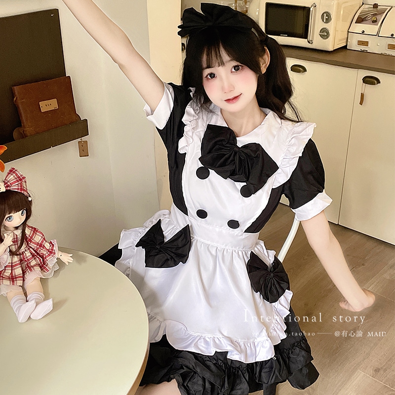 解説 スイートメイド服 可愛いロリータ ホワイトシルクメイドドレス