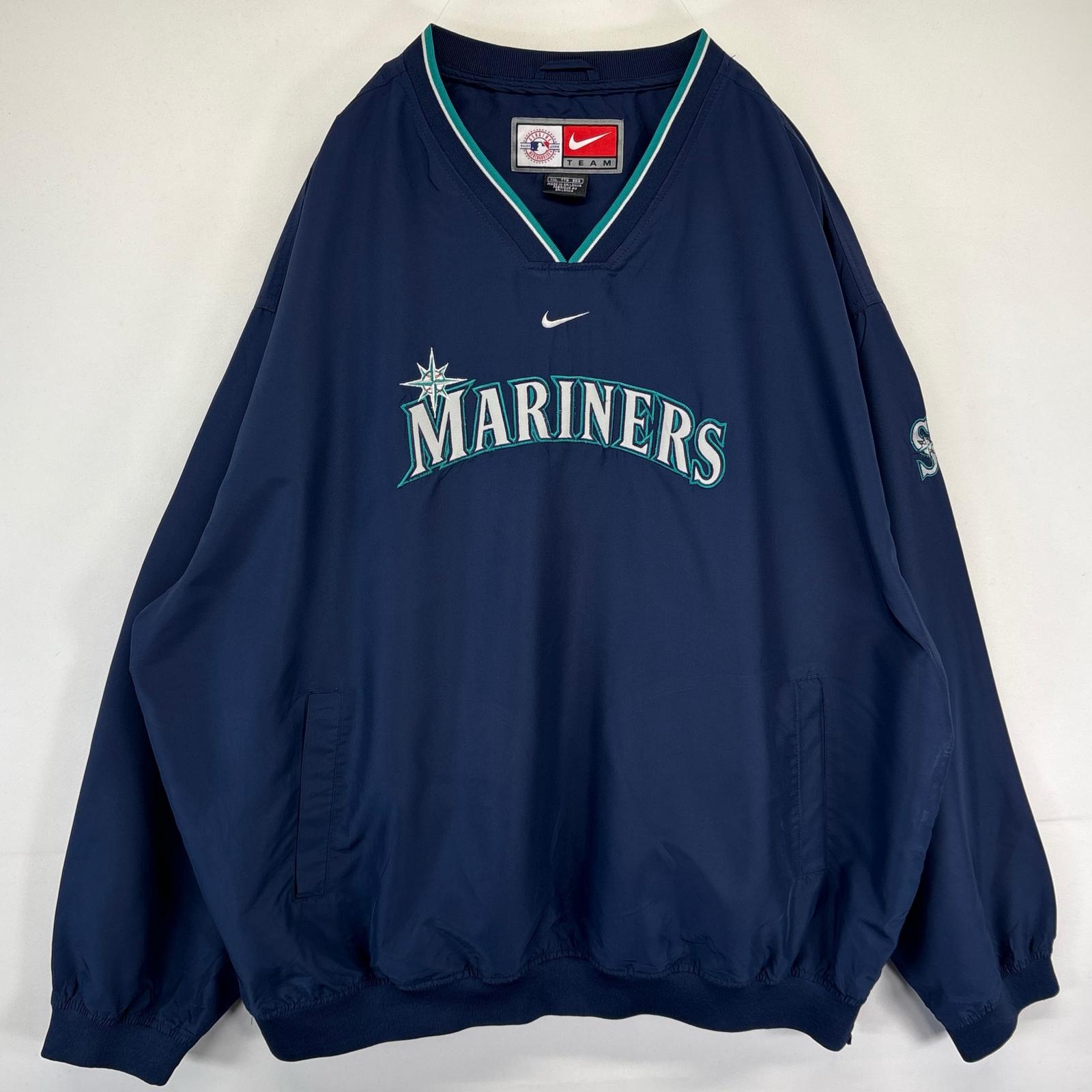 古着 ナイロンジャケット プルオーバー センタースウッシュ マリナーズ ロゴ刺繍 Vネック 大きいサイズ 2XL ネイビー系 メンズ