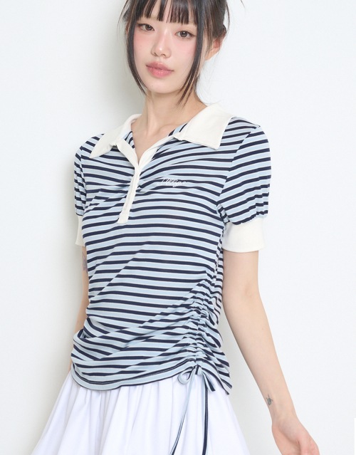 【ILLIGO】 STRIPE SHIRRING COLLAR T-SHIRT SKY 正規品