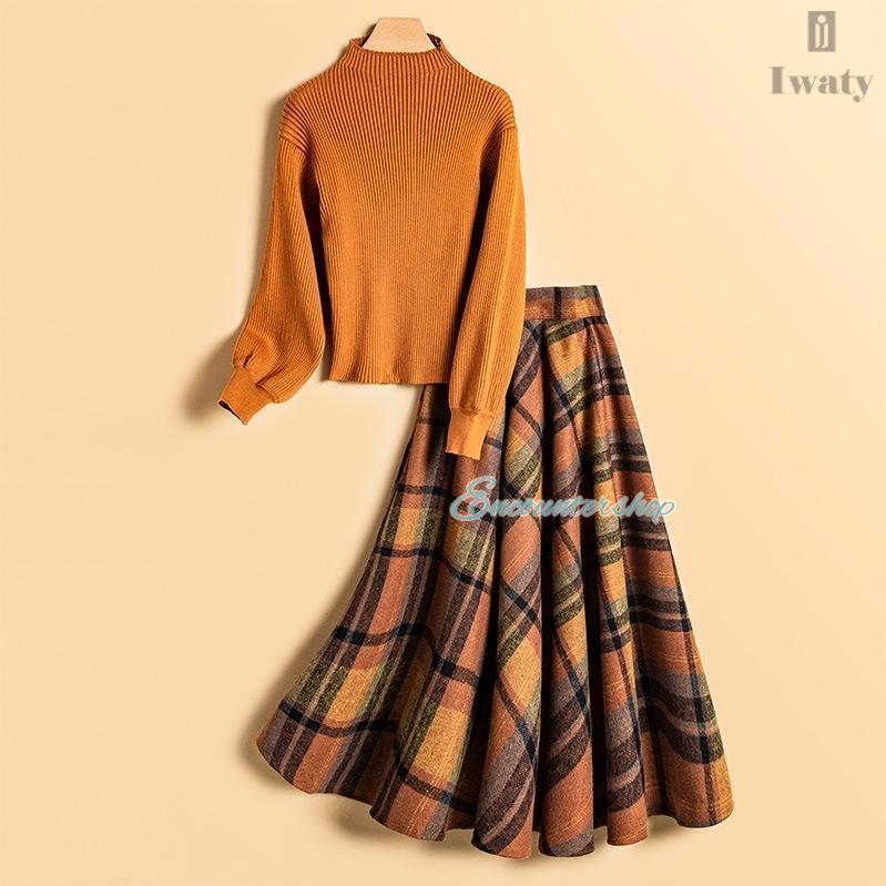 2点セット無地セーター+エレガントチェック柄スカート