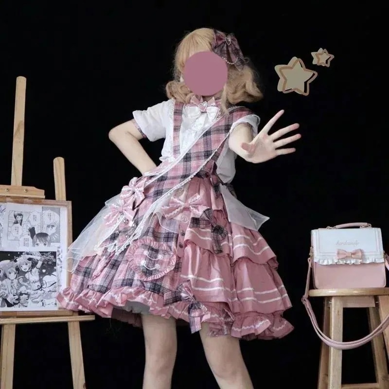 【3日出荷】スイートハートアイドル打歌服 サスペンダーグリッドプリーツスカートセット ロリータ