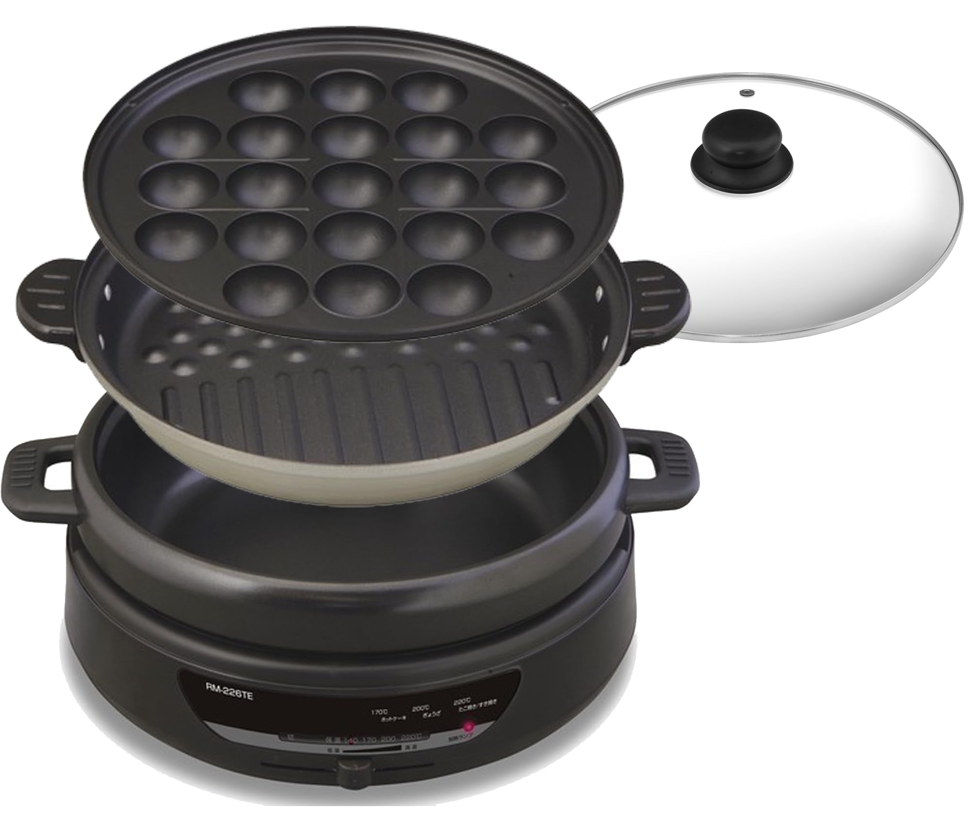 東京Deco グリルなべ ホットプレート 脱着式 3枚プレート 深型 深さ7.5cm ガラス蓋 1300W 3～4人用 [深なべ・グリル・たこ焼 プレート3枚付き][3～4人用 3枚プレート] グリル