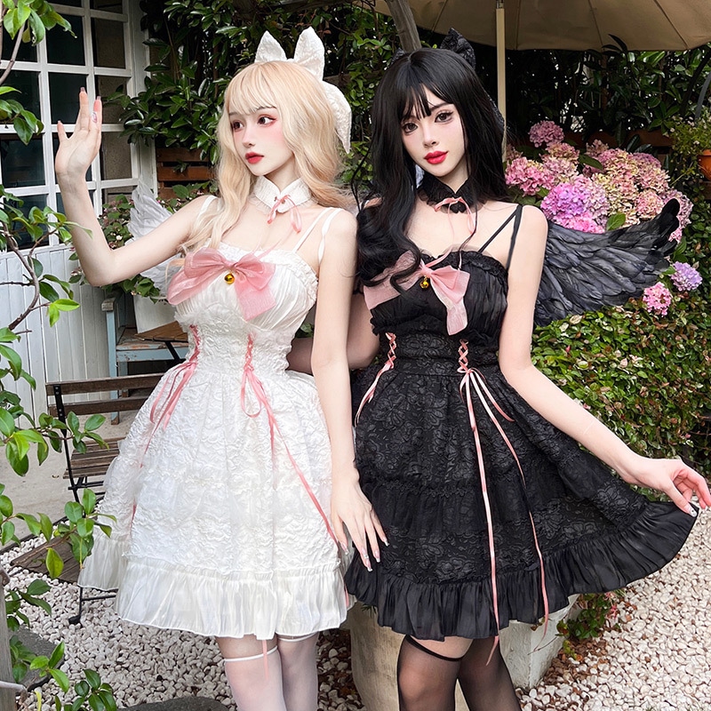黒と黒の天使悪魔の洋服親友の双子星ロリータゴシックjskワンピース日系優しい女の子ロリータ
