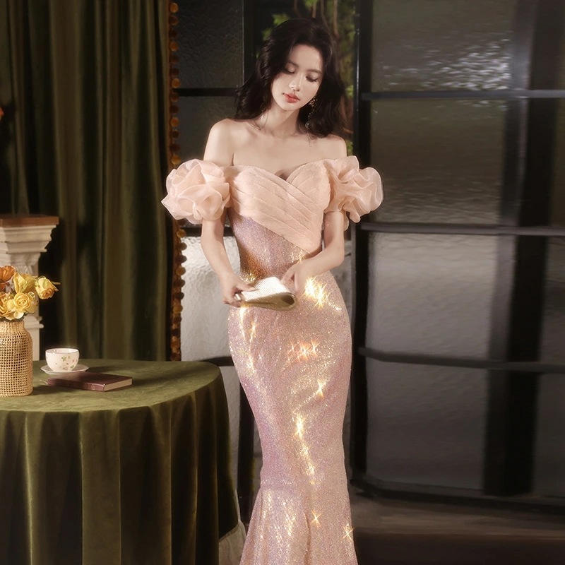 イブニングドレス マーメイドドレス オフショルダー ピンク キラキラドレス スパンコール ロングドレス 発表会ドレス マーメイドライン パーティードレス XS S M L XL XXL XXXL