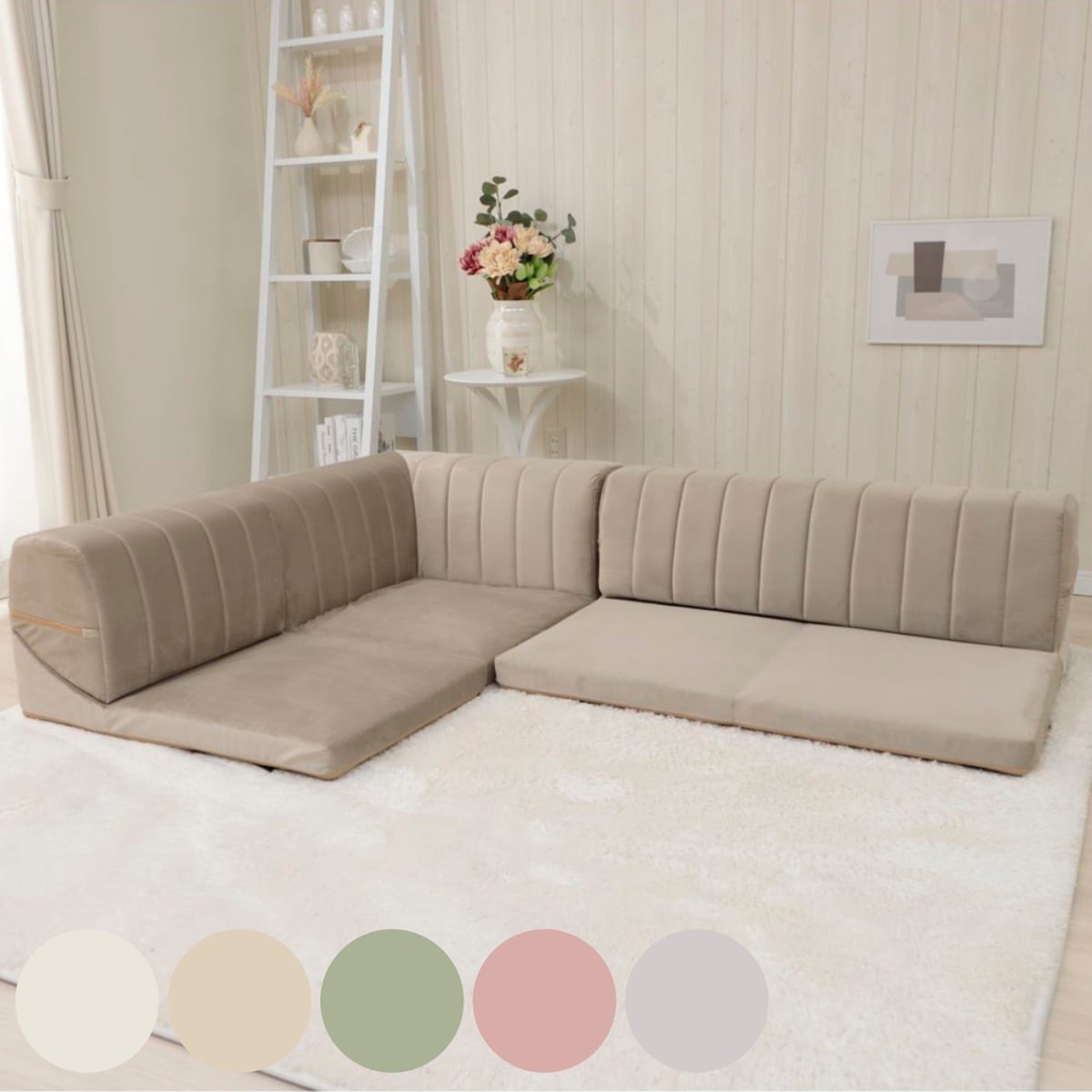 コーナーソファ 3点セット ベロア ローソファ フロア ソファー l字 ロータイプ レイアウト 組合せ 自由 リクライニング 洗えるカバー くすみカラー かわいい おしゃれ