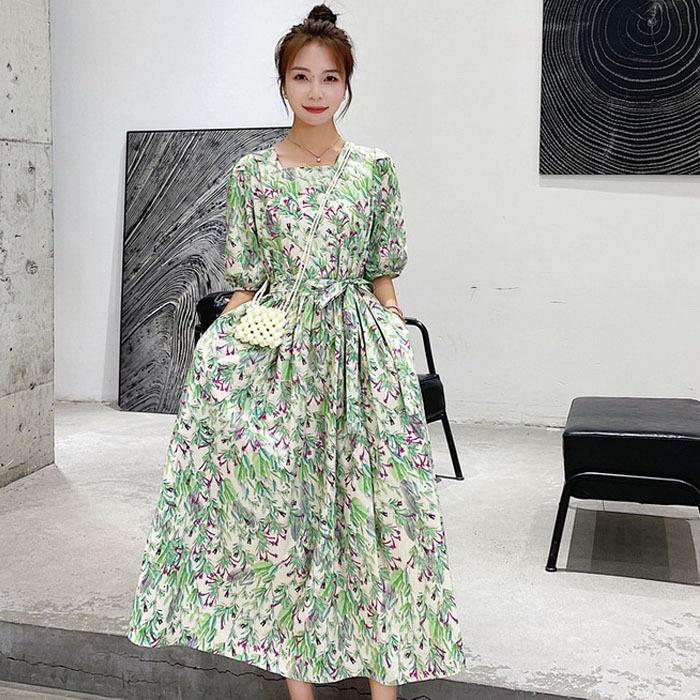 ワンピース レディース 春夏新作 マキシ丈ワンピース 半袖ワンピース パフスリーブ 花柄 ロング丈ワンピース ゆったり 韓国風 オシャレ通勤 着痩せ 30代