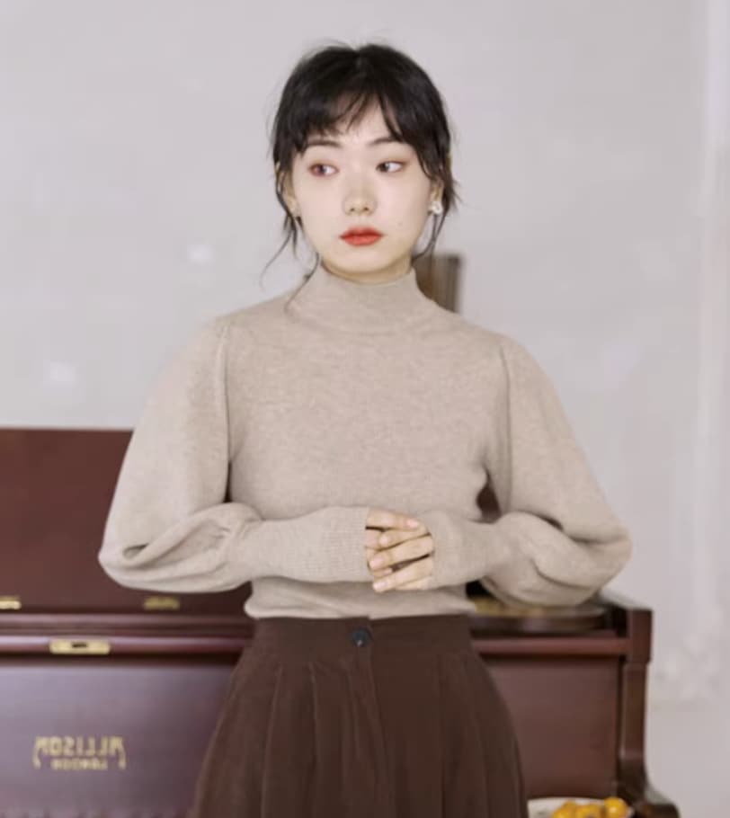 トップス デート モテアイテム ニットソー 長袖 ボリューム袖 ハイネック コットン 大人可愛い きれいめ 上品 おしゃれ かっこいい 大人可愛い ラブリー キュート ガーリー クール モード系