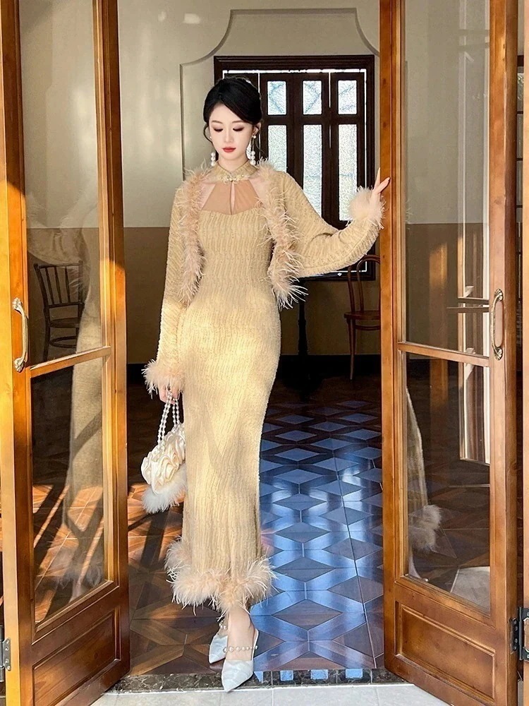 【JY.上品】 秋冬 チャイナドレス セット カバー+ワンピ2セット ワンピースセット レディース セットアップ30%までに制限