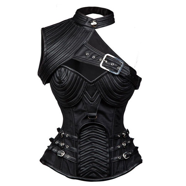Black Steampunk Steel Boned Faux Leather Overbust Corset Jacket Burlesque Costumes Black Steampunk Steel Boned Faux Leather Overbust Corset Jacket Burlesque Costumes