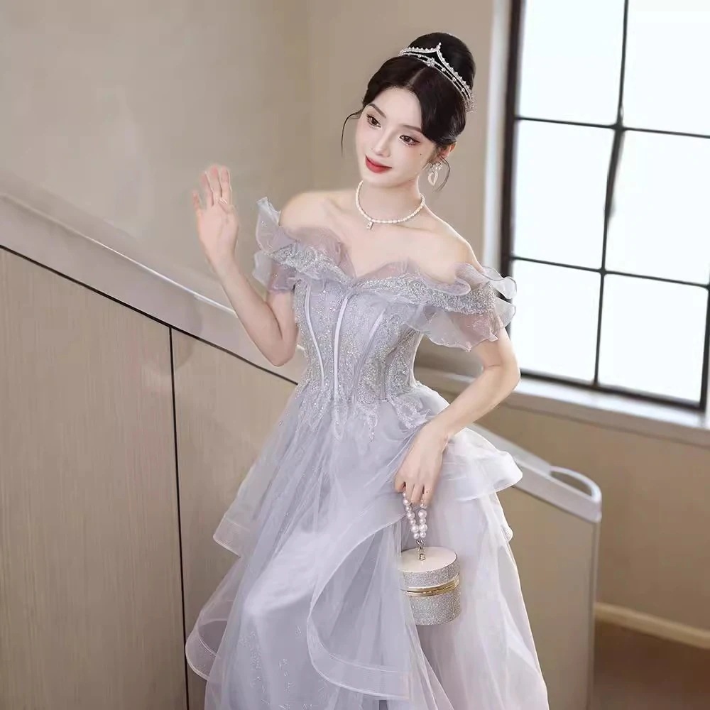 グレーワンショルダーイブニングドレス2025宴会ホストハイエンド声楽試験ミニドレス