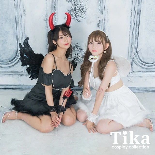 ハロウィンコスプレ 天使 エンジェル 悪魔 デビル セット ワンピース ガーターリング 羽 輪 カチューシャ セクシー 仮装 衣装 コス 羽根 ブラトップ ステッキ 激安 ハロウィン衣装 白 黒 キャ