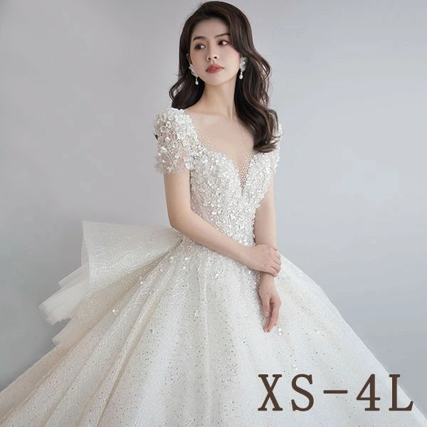 花嫁 ウェディングドレス スイートハートネック プリンセスライン 白ドレス トレーンドレス ワンピース プリンセス 可愛い かわいい シンプル 結婚式 披露宴 前撮り 後撮り 撮影用 フォトウェディン