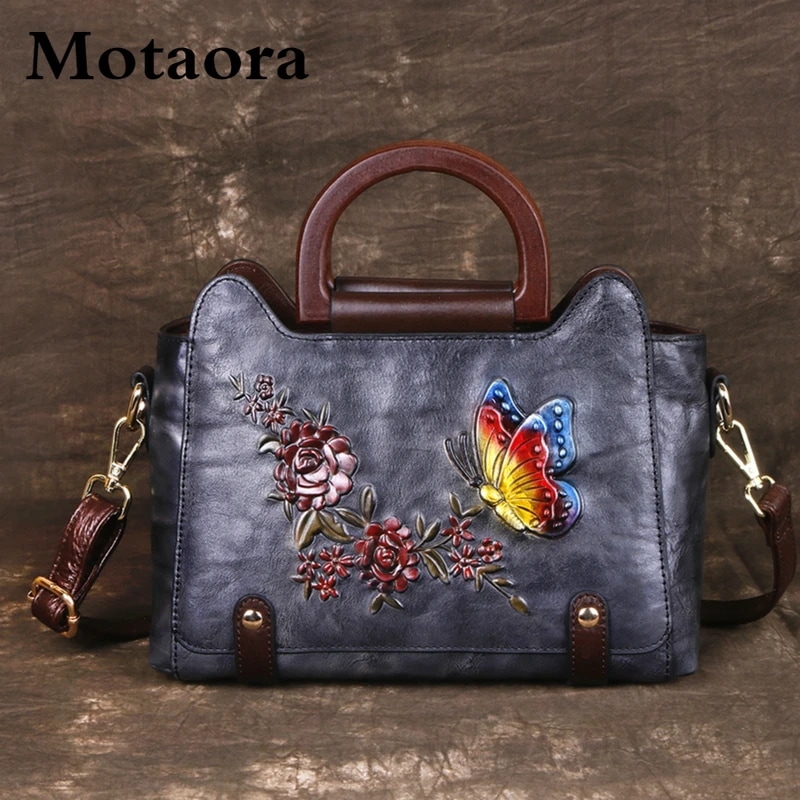 納期1~3週間程：Motaora-女性のためのレトロな本革のショルダーバッグ,花柄,エンボスバタフライ,高級トートバッグ,ヴィンテージ