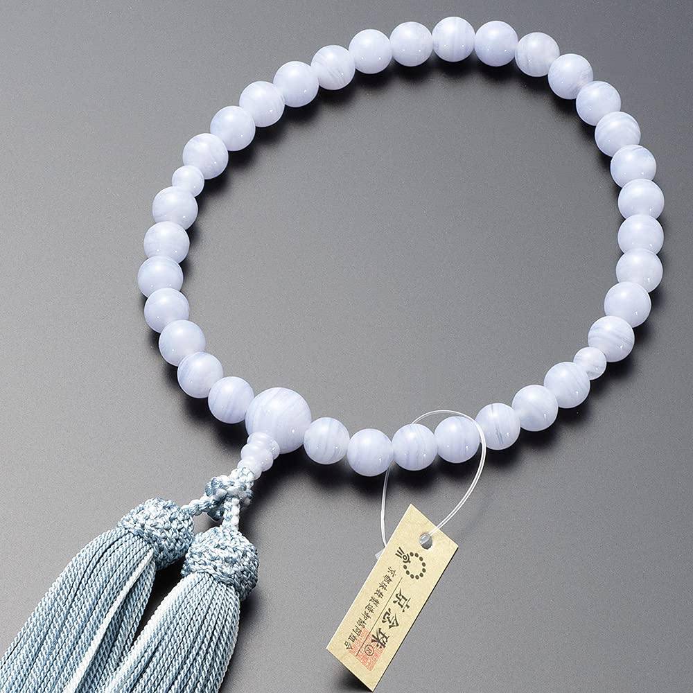 [仏壇屋 滝田商店] 京念珠 数珠 女性用 ブルーカルセドニー (ブルーレース) 8mm玉 正絹房 数珠袋付 すべての宗派で使える 証明書付