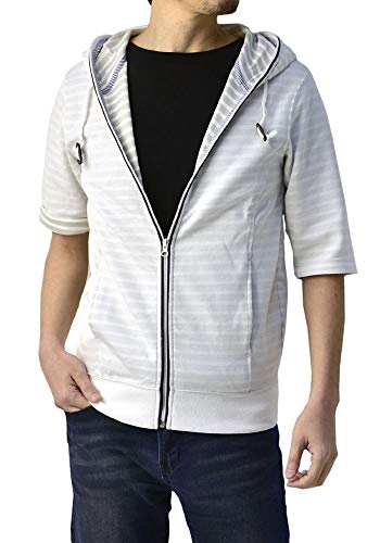 [FLAG ON CREW] (フラグオンクルー) ゆうパケット発送 ジップパーカー メンズ 半袖パーカー 袖ロールアップ パーカー 裏表ボーダー / B9S / LL ホワイト・白 5,996円